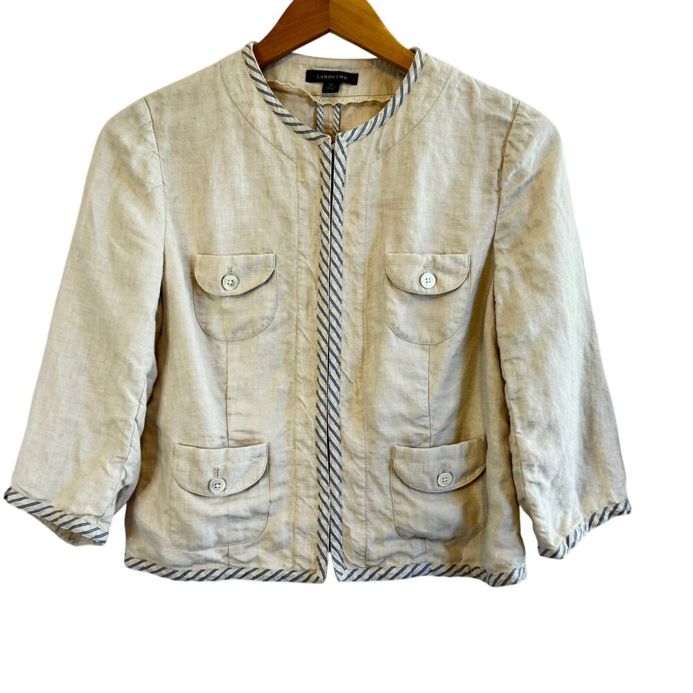 Lands'‎ End 10P Linen Blazer Beige Jacket 3/4 Sleeve Hook & Eye Closure Classic